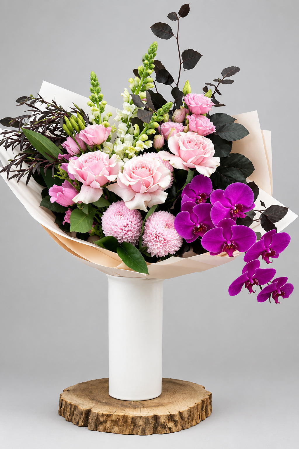 Pink Rose & Purple Orchid Arrangement